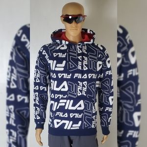 FILA HOP TO IT HODDIE MEN'S ALLOVER MIX LOGO PRINT BLUE SIZE M WITH POCKET